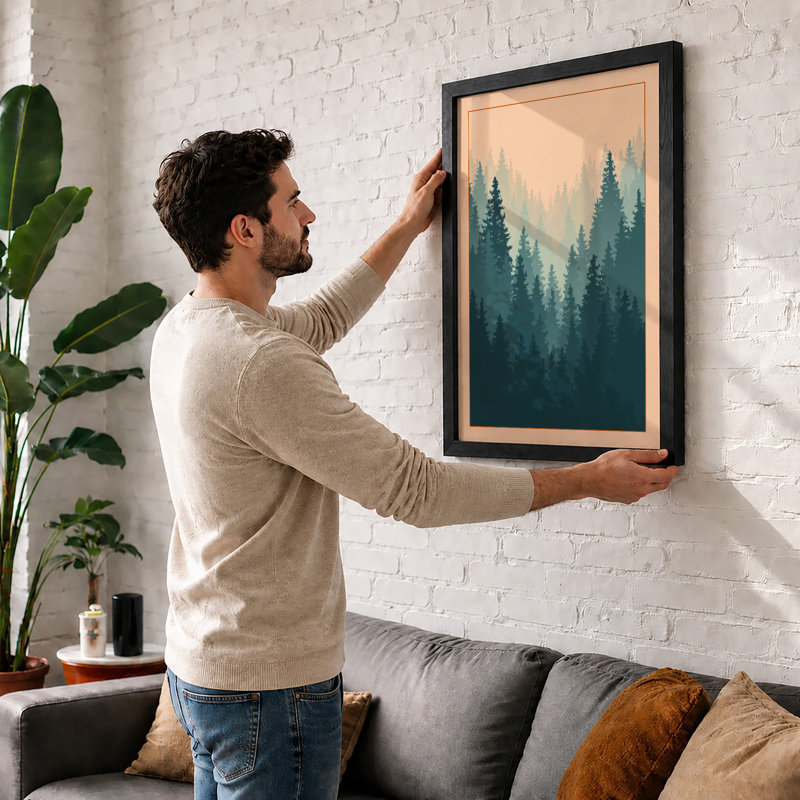 Layered Forest Landscape Scandinavian - Framed Print, A1 - 84.1 x 59.4 cm, Oak
