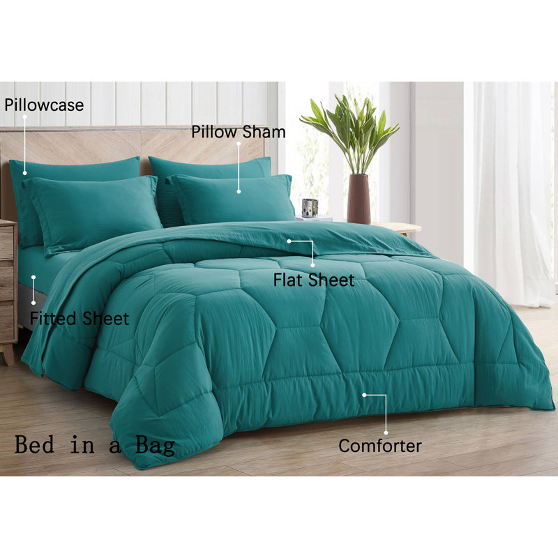 Washed Microfiber 7-Pieces Honeycomb Comforter Set with Sheets, Full / Double Comforter + 6 Additional Pieces, Teal
