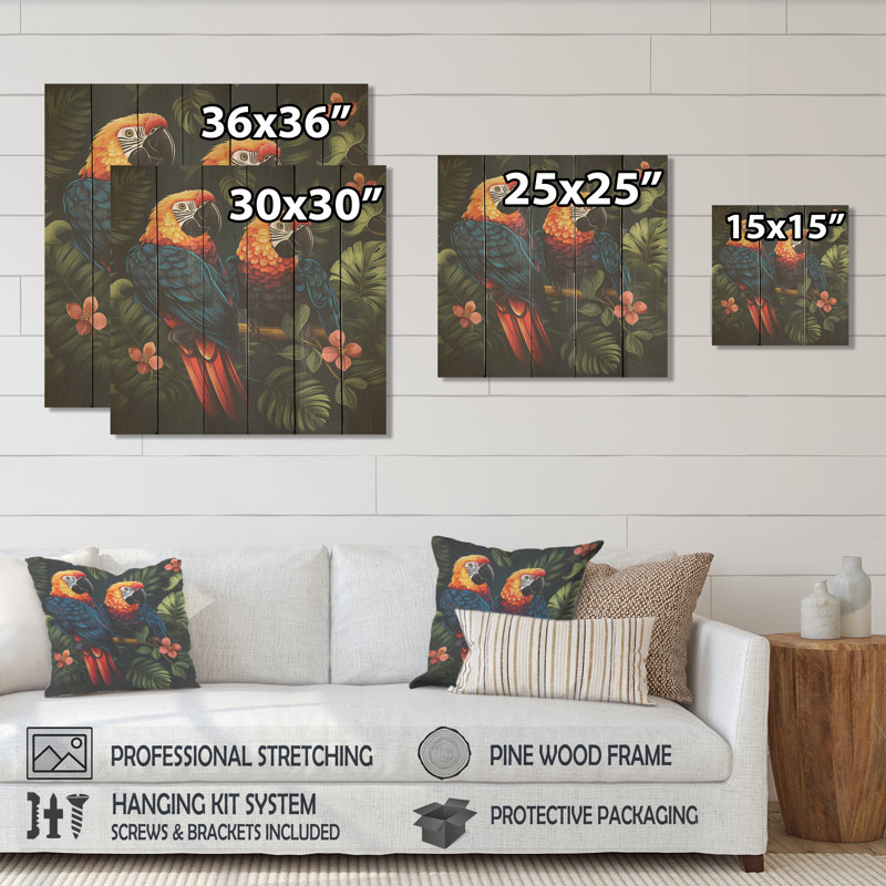 Orange And Green Tropical Parrots - Parrot On Wood Print, 15" H x 15" W