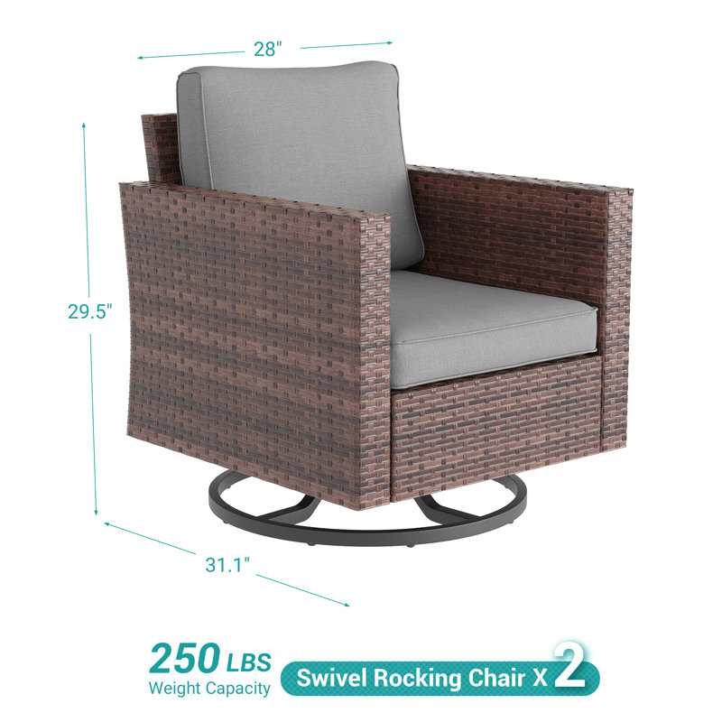 PE Wicker Patio Swivel Chair(Set of 2), Gray Cushion/Brown Frame