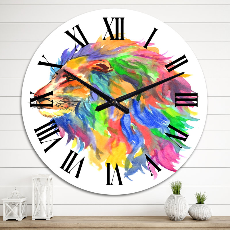 Portrait multicolore d'un lion - horloge murale traditionnelle, Moyen