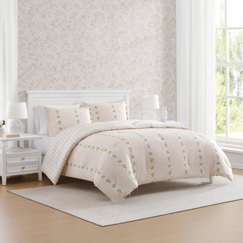 Ensemble d'édredon réversible en coton Martha Stewart Annabelle, Édredon pour lit simple TG + 1 taie décorative, Rose