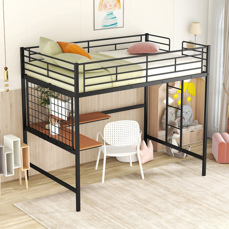 Lit mezzanine double en métal avec bureau et grille en métal, Noir