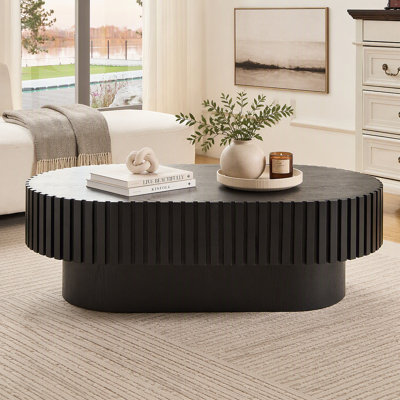 43,70 pouces Modern Handcraft Table basse tambour Table ovale pour le salon, petite table basse en bois avec piédestal robuste pour le bureau, noir