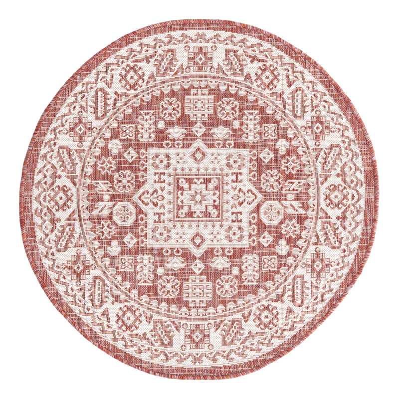 Tapis intérieur / extérieur rouge rouille en polypropylène tissé à la machine Archange, Rond 3 pi 3 po