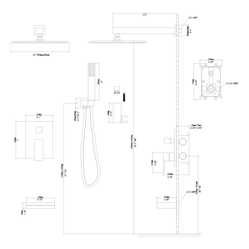 12 Inch Wall Mounted Shower System In Matte Black With Waterfall Tub Spout For Delightful Bathing Joyous Baths, Matte Black