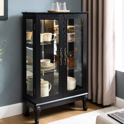 Curio Cabinet With Lighted Interior, Vintage Charm, And Metal Handle For Showcasing Collectibles American Retro Display System, Versatile Shelving, - Toppling Design