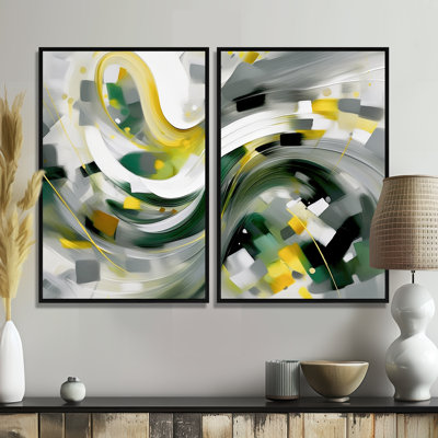 «Yellow and Green Abstracted Perspectives I», art mural moderne à 2 panneaux