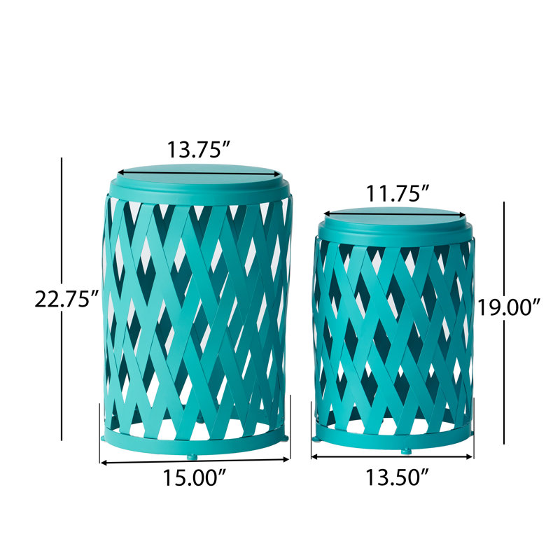 Quinlan Iron Top End Table Set, Matte Teal