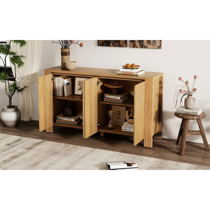 Buffet rétro en bois à 4 portes, rangement spacieux, finition vieillie, repose-pieds réglables, tablettes, trous de gestion des câbles
