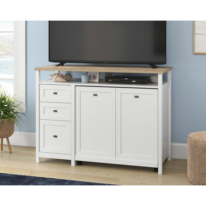 White Wood Credenza Desk with Drawer and Filing Cabinet