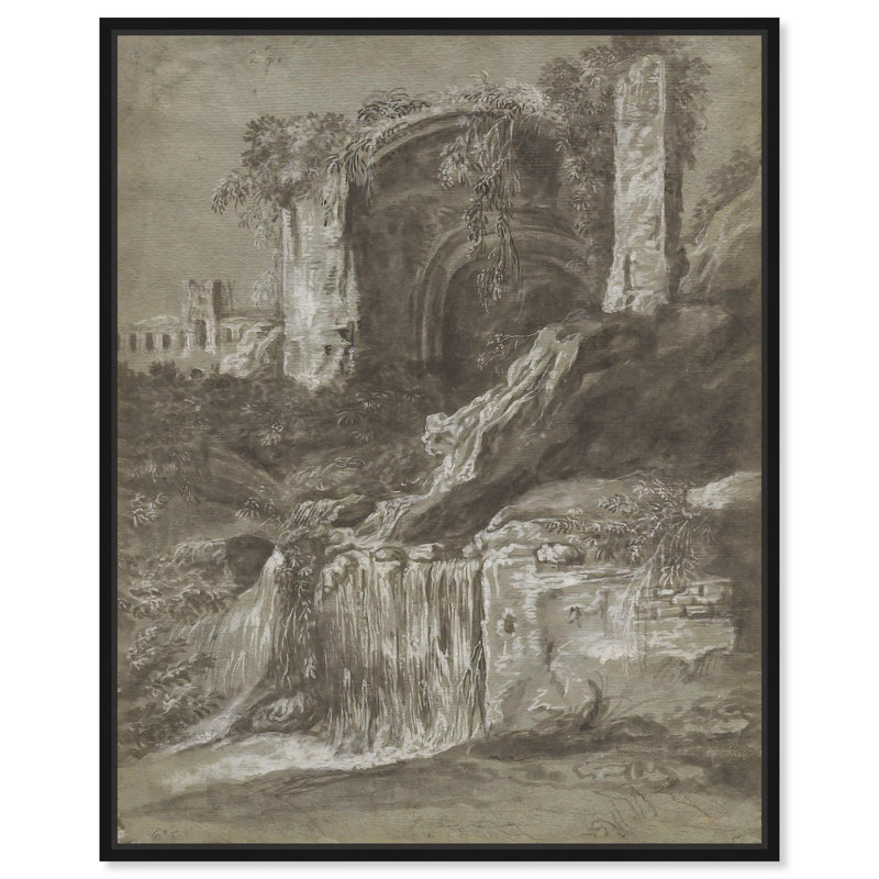 Toile avec ruines , H 21 po x l 17 po, Cadre flottant noir