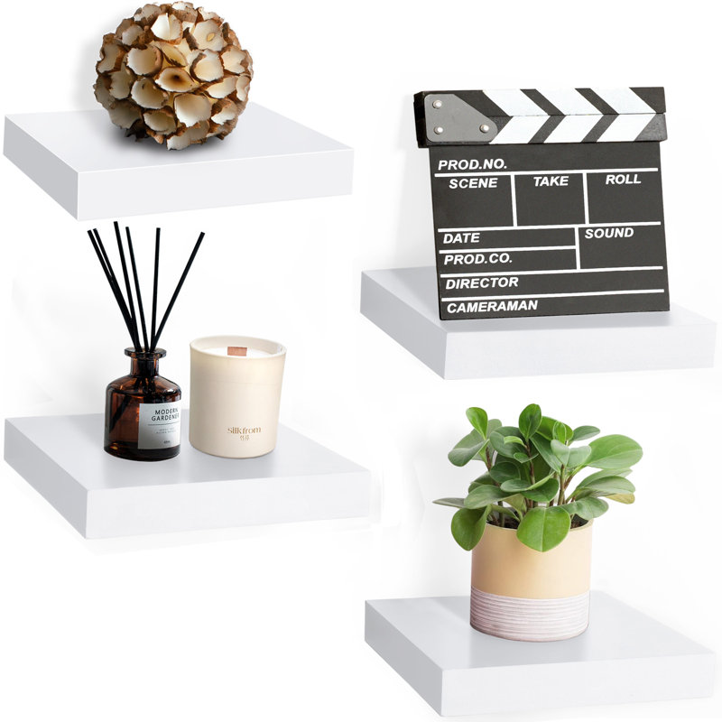 9" Square Tile Floating Shelves with Invisible Mounting Set of 4, White