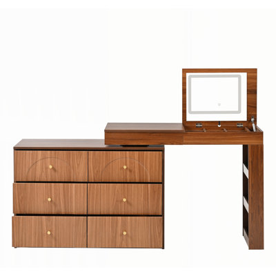 Bureau de maquillage avec miroir et lumières, plateau de table rabattable et rangement 7 tiroirs