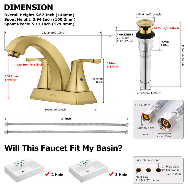 Centerset 2-Handle Bathroom Faucet with Drain Assembly, Brushed Gold