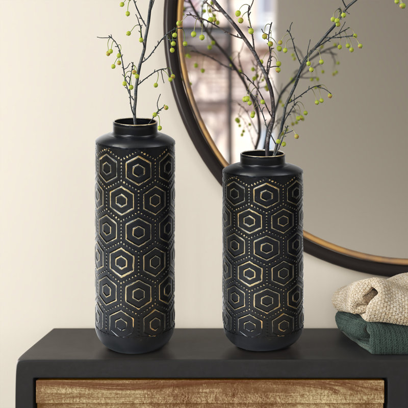 2-Piece Modern Geometric Metal Black Vases for Home Decor