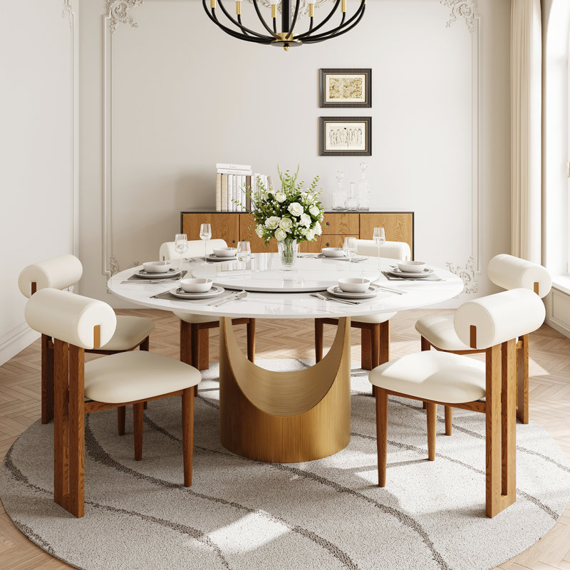Drennen 59" Modern Round Dining Table Set With Lazy Susan, 6Pcs Dining Chairs, 8 Pieces: Table, Lazy Susan, 6 Chairs