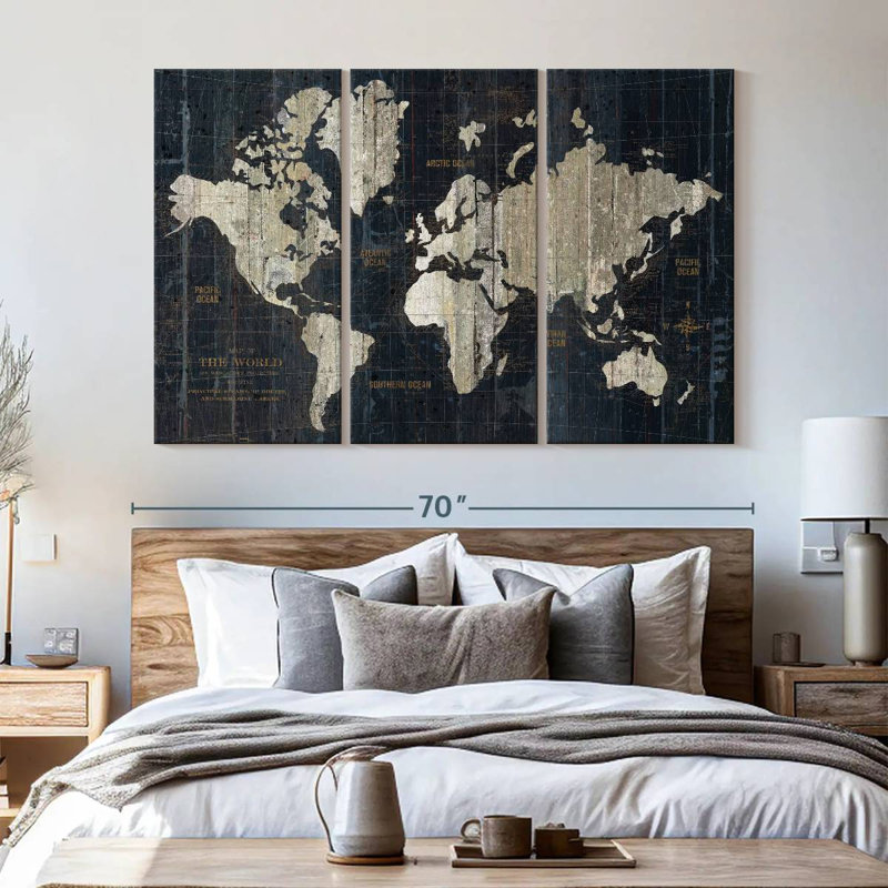 Carte du vieux monde en bleu sur toile, ensemble de 3 pièces, H 65 po x l 42 po x P 1,25 po