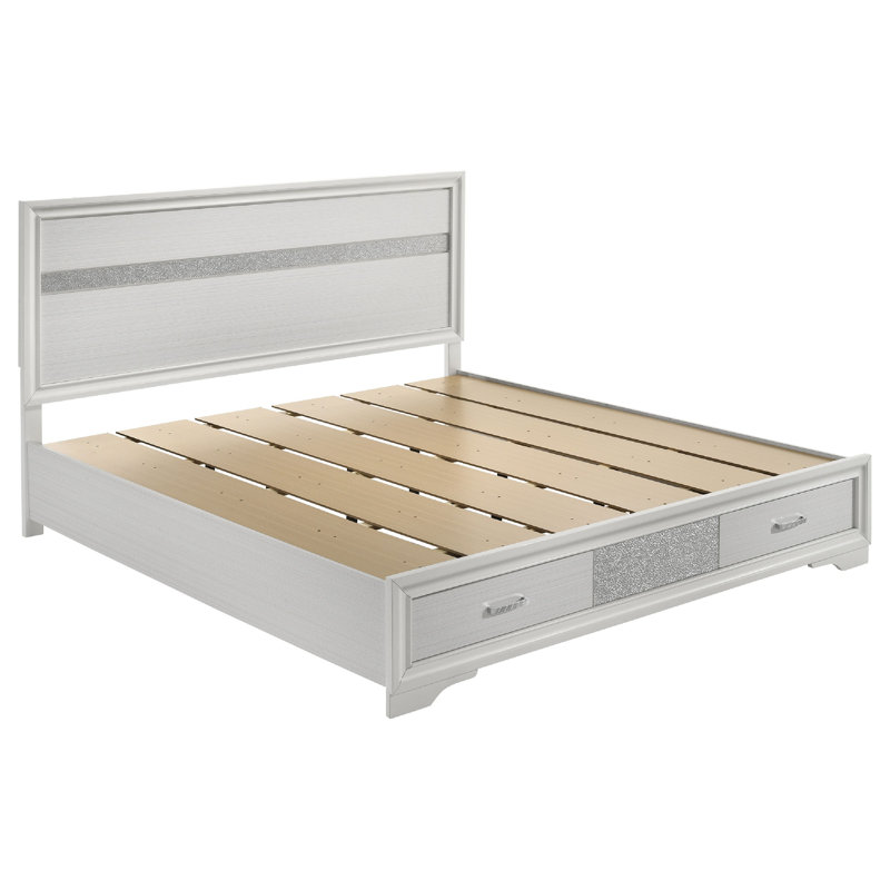 Ensemble de très grand lit 4 pièces blanc avec rangement, commodes et paillettes Vino, Blanc, Grand
