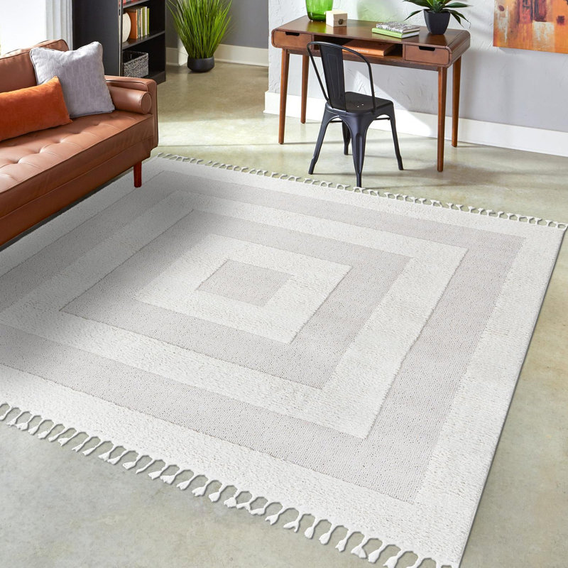 Reike Ivory Geometric Machine Woven Polyester Area Rug, Square 10'