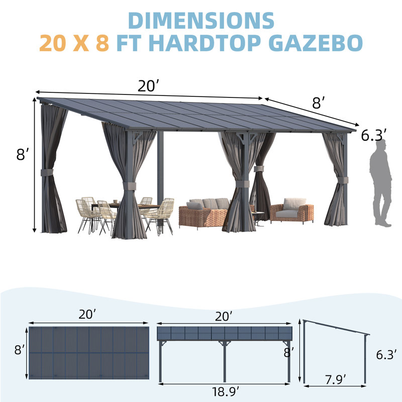 Lean-To Wall-Mounted Pergolas With Curtains And Netting, 96" H x 240" W x 96" D