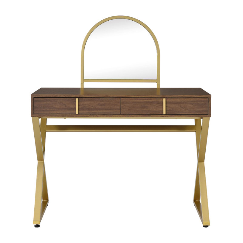 Bureau de coiffeuse 2 tiroirs avec miroir et plateau à bijoux, Noyer