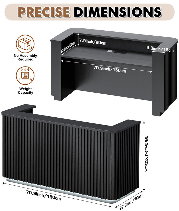Comptoir de réception moderne à DEL noir moderne 70,9 po avec prise de courant intégrée et USB-C, bureau de réception à lattes entièrement assemblé pour le bureau, la vente au détail et le studio