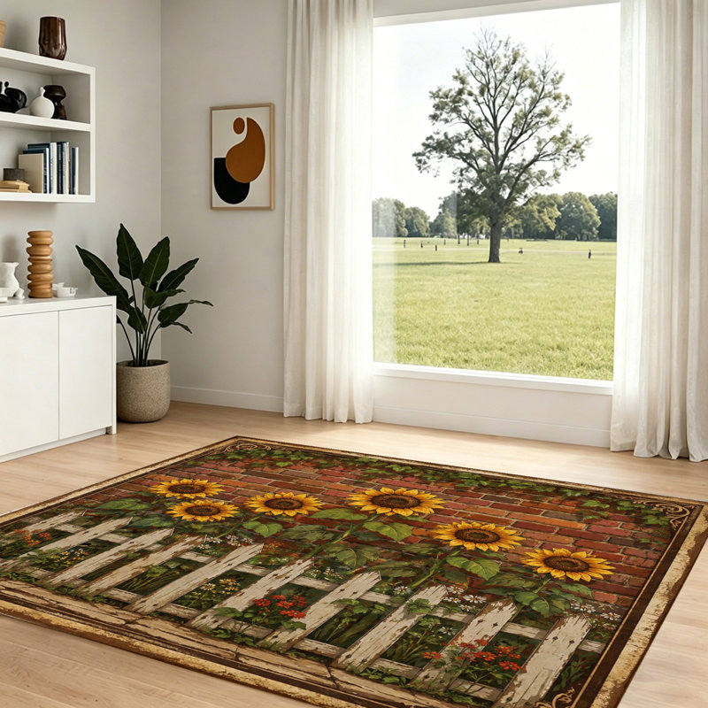 Tapis décoratif motif clôture en briques et tournesols, tapis d'appoint rustique pour jardin, tapis de sol décoratif pour salon, chambre à coucher, décoration intérieure et accessoires