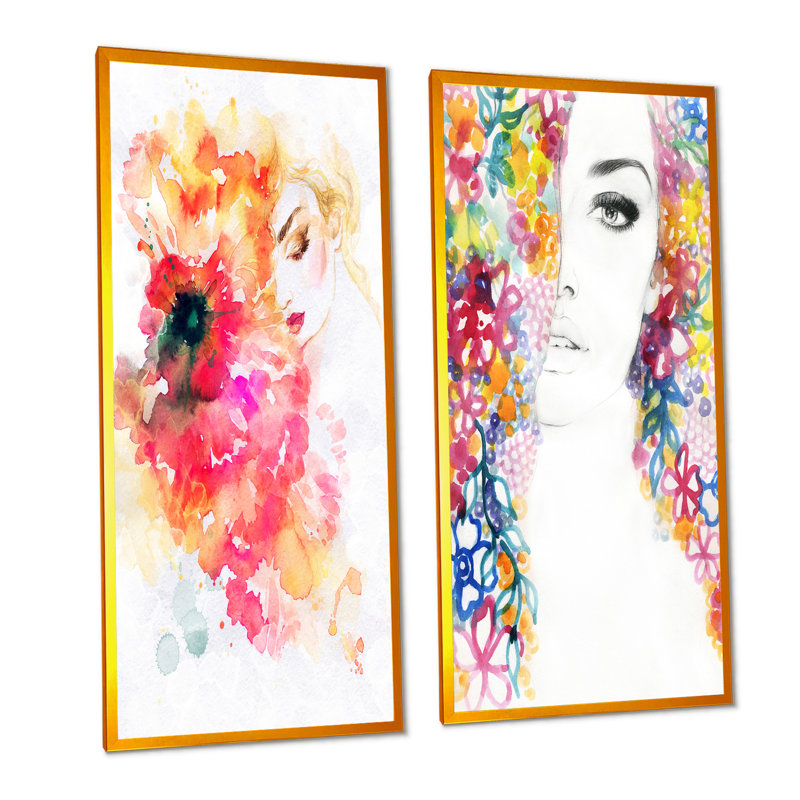 «Floral Woman Portrait III», ensemble de 2 peintures sur toiles, H 40 po x l 40 po x P 1 po, Cadre photo doré