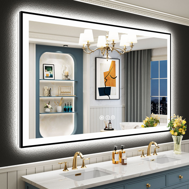 Miroir de salle de bain matte encadré noir matel avec lumières, éclairé à l'avant et à l'arrière, fonction mémoire, 3 températures de couleur, éclairage à intensité variable et miroir en verre trempé anti-buée homologué ETL