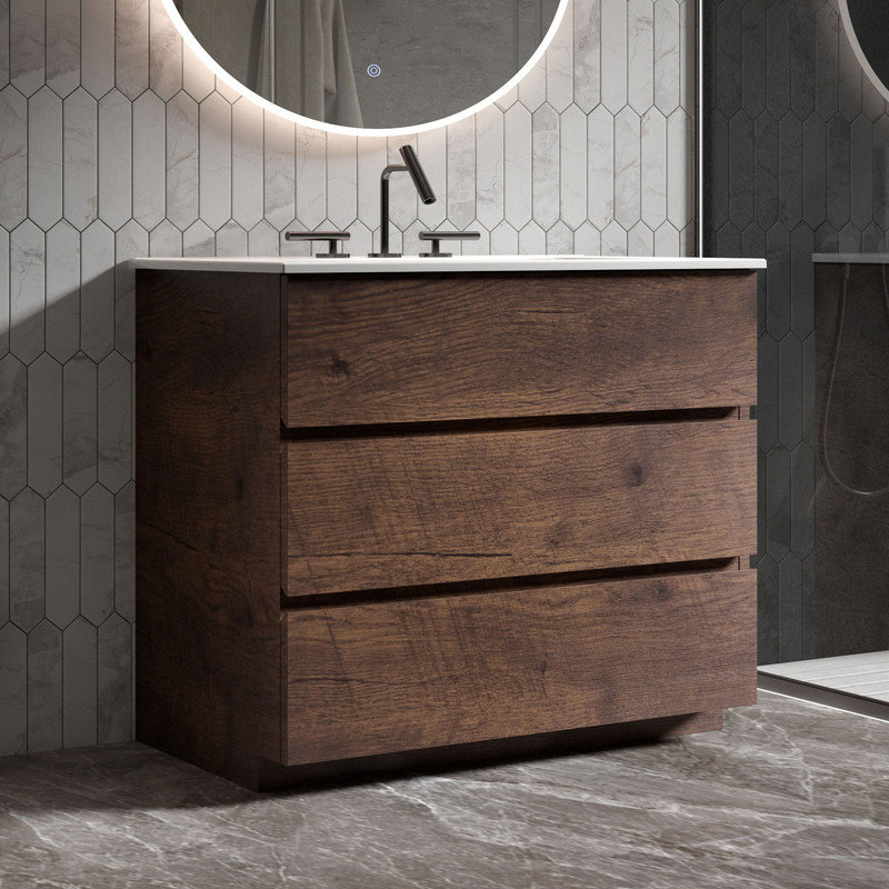 Derrance Single Bathroom Vanity with Ceramic Top, Walnut, 36"