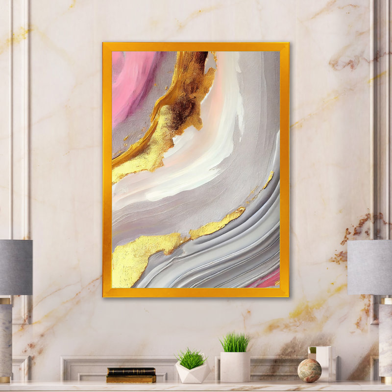 Rose et marbre doré abstrait VII - peinture sur toile, H 20 po x l 12 po x P 1 po, Impression dorée sur toile encadrée
