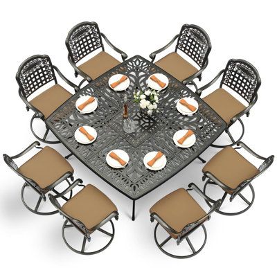 Canora Grey 9-piece Outdoor Dining Furniture Set, Cast Aluminum Patio Table & Chairs Set For 8, Include Large 63.98" Square Dining Table And 8 Swivel by Canora Grey
