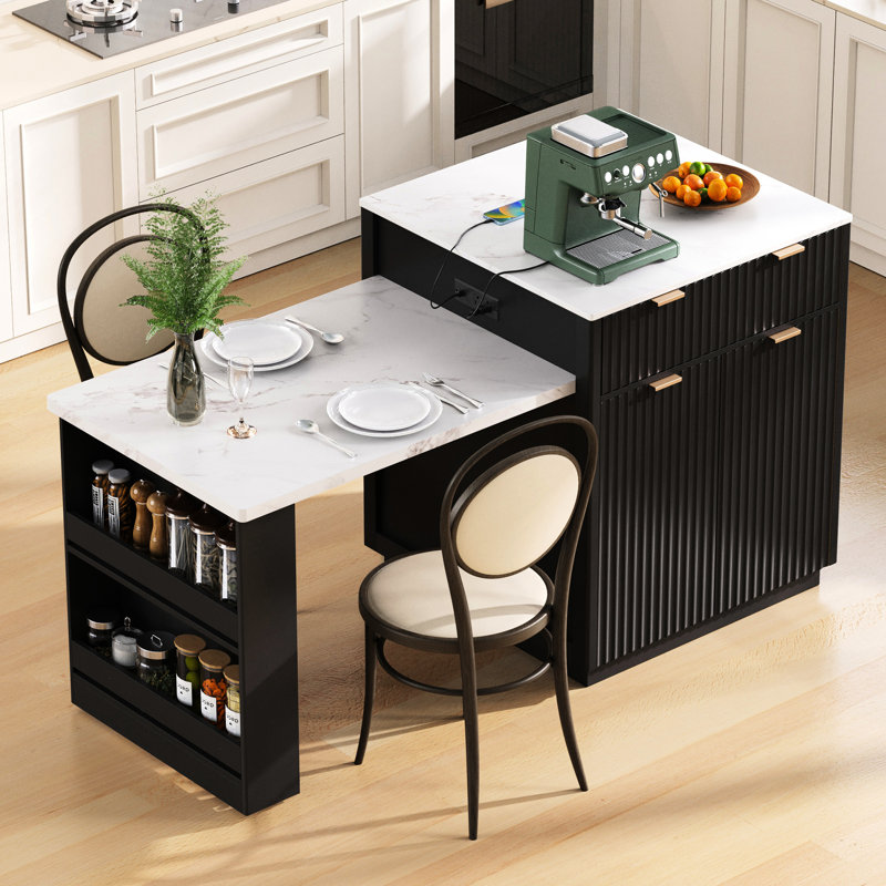 Îlot de cuisine cannelé 82,6 po avec table de salle à manger extensible pour 4 à 6 personnes (tabourets non inclus), Noir