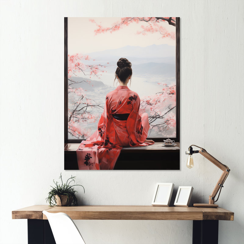 «Pink Tree Japanese Woman Window View II - Japon», art mural en métal, H 20 po x l 12 po x P 1 po