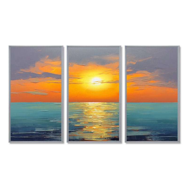 Rubino - Ensemble de décoration murale coucher de soleil, Encadrement argenté, H 32 po x l 48 po x P 1 po