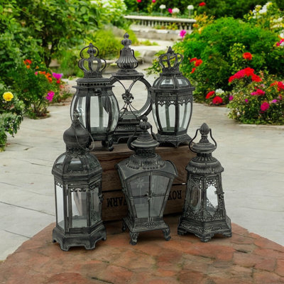 6 Piece Metal Lantern Set Cylindrical Candle Lanterns with Doors | Decorative Indoor Outdoor Lantern for Patio & Garden