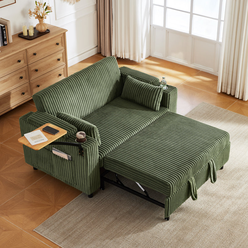 Sherry 58'' Upholstered Convertible Sleeper Sofa With Adjustable Backrest, Storage Armrests, Cup Holders, Side Table & Charging Port