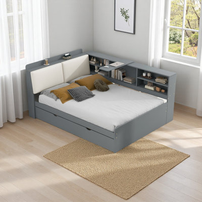 Wood Platform Bed , Shelves And Storage Headboard