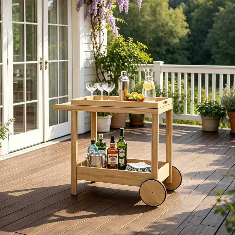Chariot-bar d'extérieur en bois d'acacia avec roulettes et tablettes