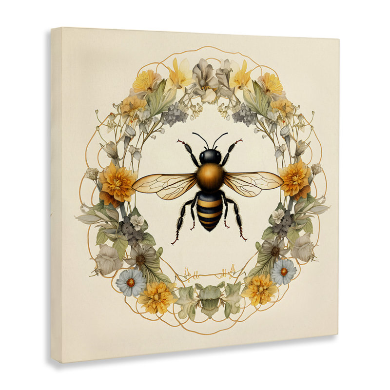Art mural sur toile Cottage Bee Wreath par Petal Prints Design, H 30 po x l 30 po