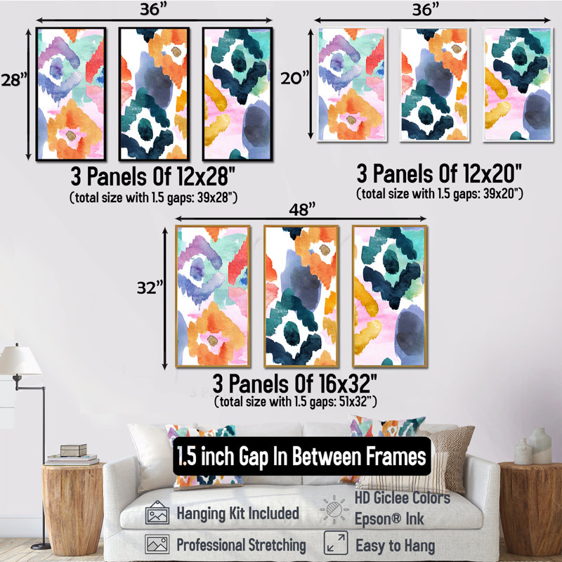 Ornement orange, bleu et vert - ensemble d'art mural moderne sur toile encadrée moderne de 3, Cadre noir