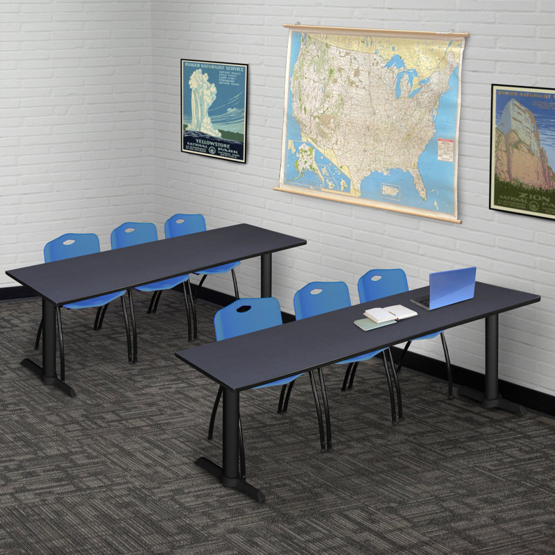 Cain T-Base Training Seminar Table & 3 M Stack Chairs, Grey, Blue