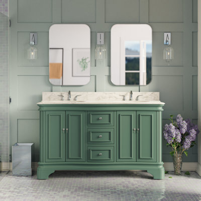 Twain 60" Double Bathroom Vanity Set with Sage Green Cabinet and Carrara Marble Countertop