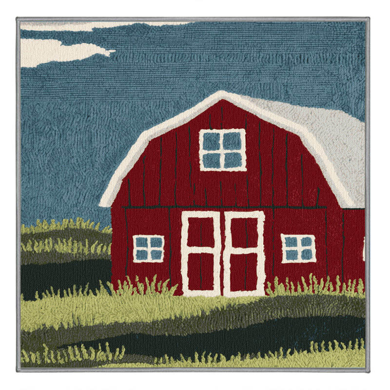 Washable Red Barn Farm Area Rug, Square 6'