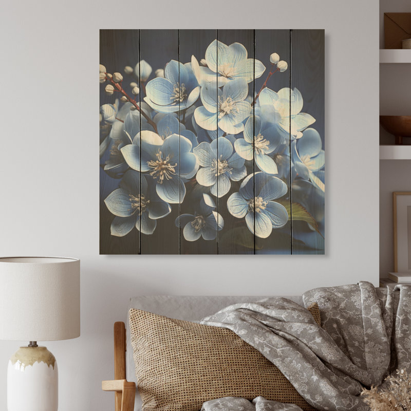 Harmonie noire et bleue - Hortensia, art mural sur bois de pin naturel, H 15 po x l 15 po