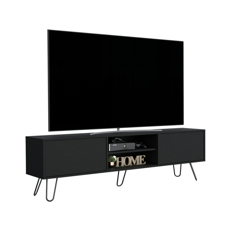 Meuble télé Waco, support en épingle à cheveux avec rangement spacieux et trous de gestion des câbles, Noir