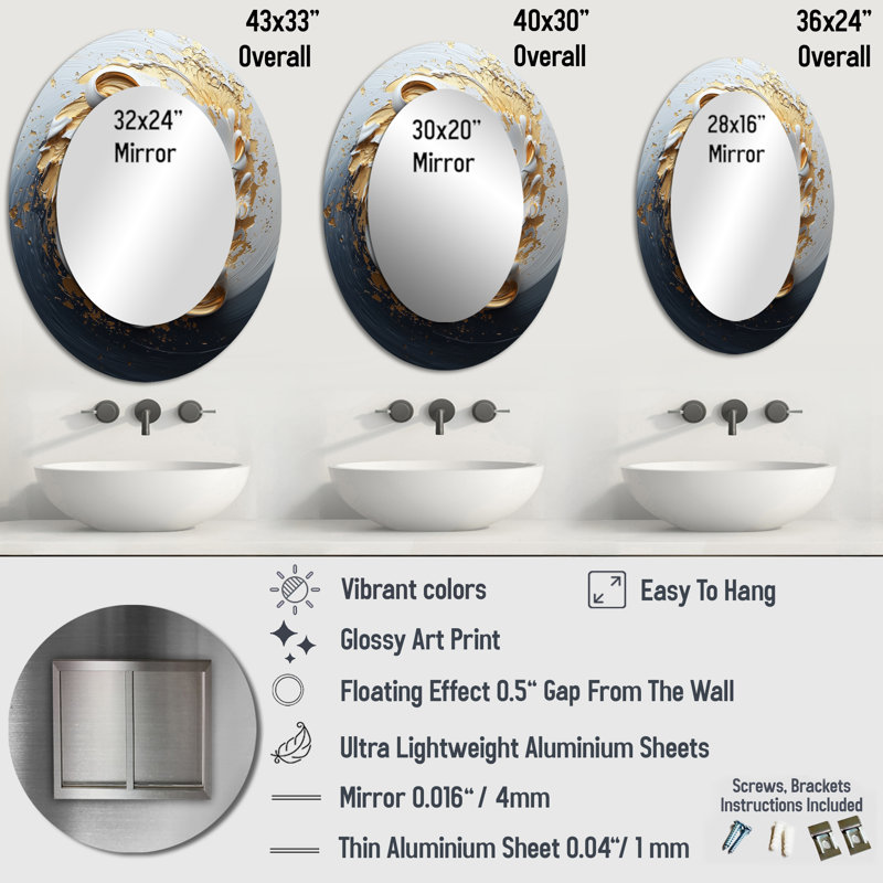 White Black Gold Cosmic Whirlpool IV - Gold Oval Wall Mirror Decor, 36" x 24"