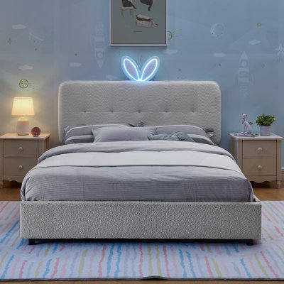 Lit double tapissier avec tête de lit surdimensionnée en forme de lapin, lumière DEL et 4 tiroirs de rangement; Ensemble de lattes, tissu bouclé
