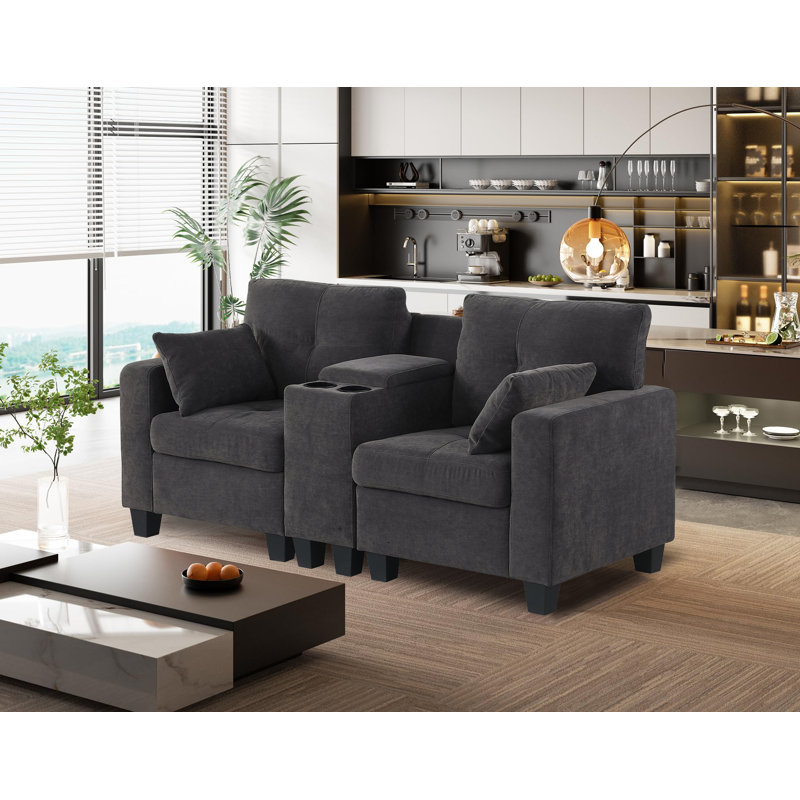 Chesham 70.8"W Upholstered Loveseat With USB Ports & Cup Holders, Dark Gray